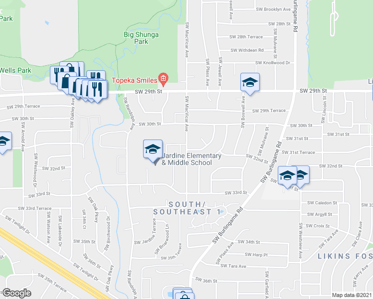 map of restaurants, bars, coffee shops, grocery stores, and more near SW MacVicar Ave & SW 31st Terrace in Topeka