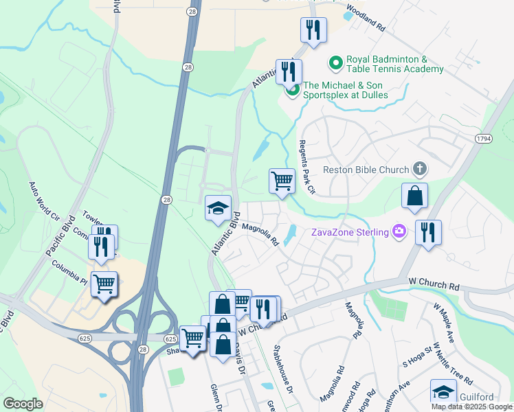 map of restaurants, bars, coffee shops, grocery stores, and more near 21875 Railway Terrace in Sterling