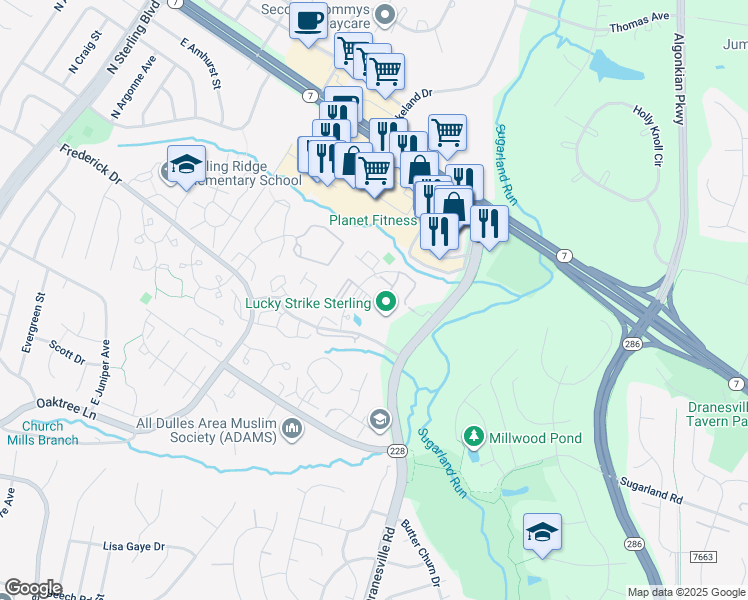 map of restaurants, bars, coffee shops, grocery stores, and more near 46952 Courtyard Square in Sterling