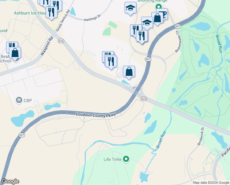 map of restaurants, bars, coffee shops, grocery stores, and more near 44631 Waxpool Road in Ashburn