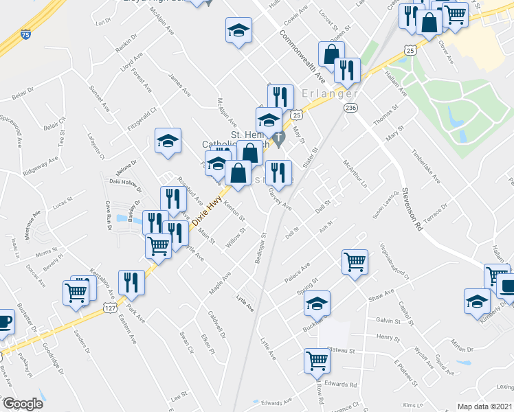map of restaurants, bars, coffee shops, grocery stores, and more near 134 Carlisle Street in Elsmere