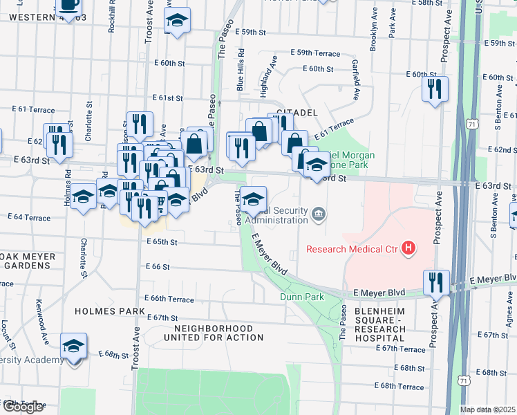 map of restaurants, bars, coffee shops, grocery stores, and more near 6401 The Paseo in Kansas City