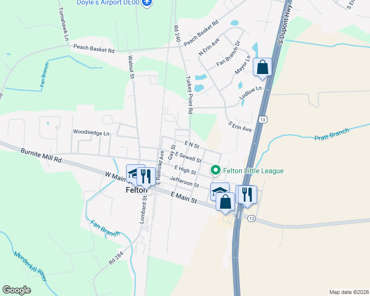 map of restaurants, bars, coffee shops, grocery stores, and more near 310 Church Street in Felton