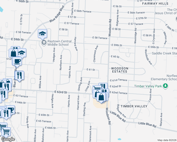 map of restaurants, bars, coffee shops, grocery stores, and more near 6013 Sterling Avenue in Raytown