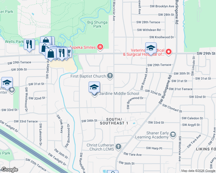 map of restaurants, bars, coffee shops, grocery stores, and more near 3033 Southwest Macvicar Avenue in Topeka