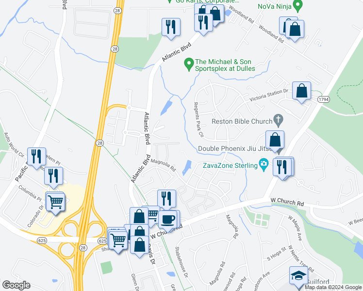 map of restaurants, bars, coffee shops, grocery stores, and more near 21834 Elkins Terrace in Sterling