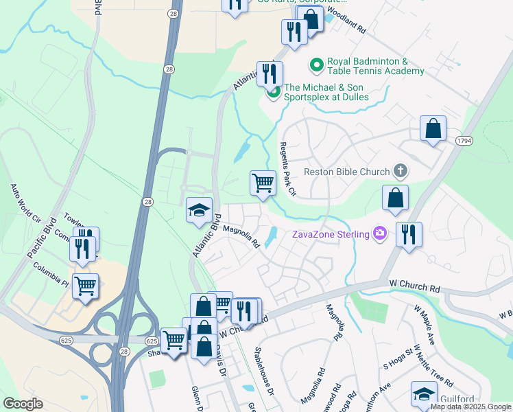 map of restaurants, bars, coffee shops, grocery stores, and more near 45481 Caboose Terrace in Sterling