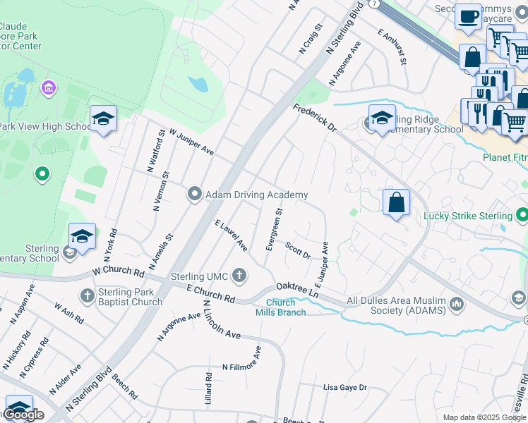 map of restaurants, bars, coffee shops, grocery stores, and more near 902 Croydon Court in Sterling