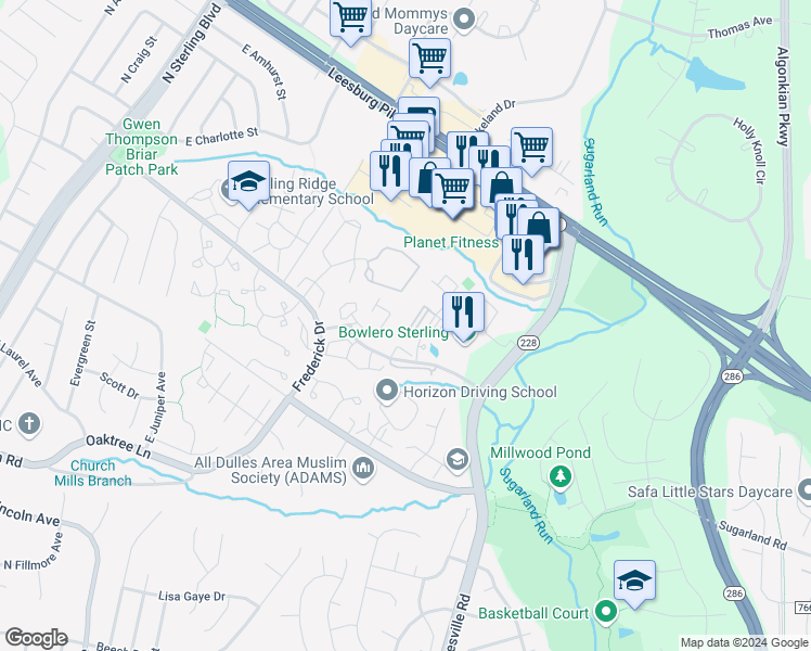 map of restaurants, bars, coffee shops, grocery stores, and more near 21843 Baldwin Square in Sterling