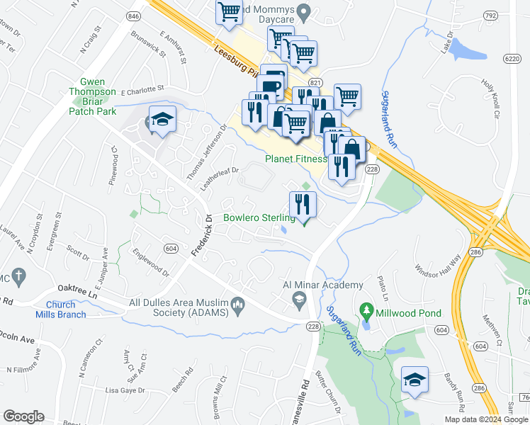 map of restaurants, bars, coffee shops, grocery stores, and more near 21841 Baldwin Square in Sterling