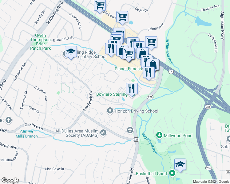 map of restaurants, bars, coffee shops, grocery stores, and more near 21833 Baldwin Square in Sterling