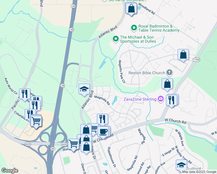 map of restaurants, bars, coffee shops, grocery stores, and more near 45481 Caboose Terrace in Sterling