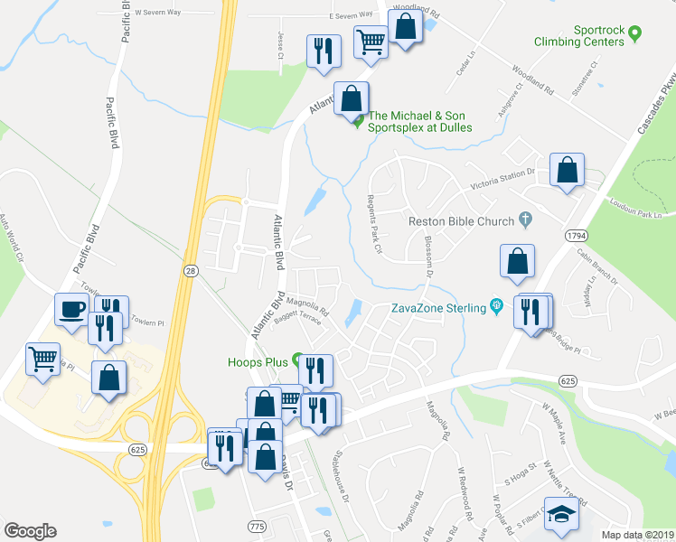 map of restaurants, bars, coffee shops, grocery stores, and more near 45495 Caboose Terrace in Sterling