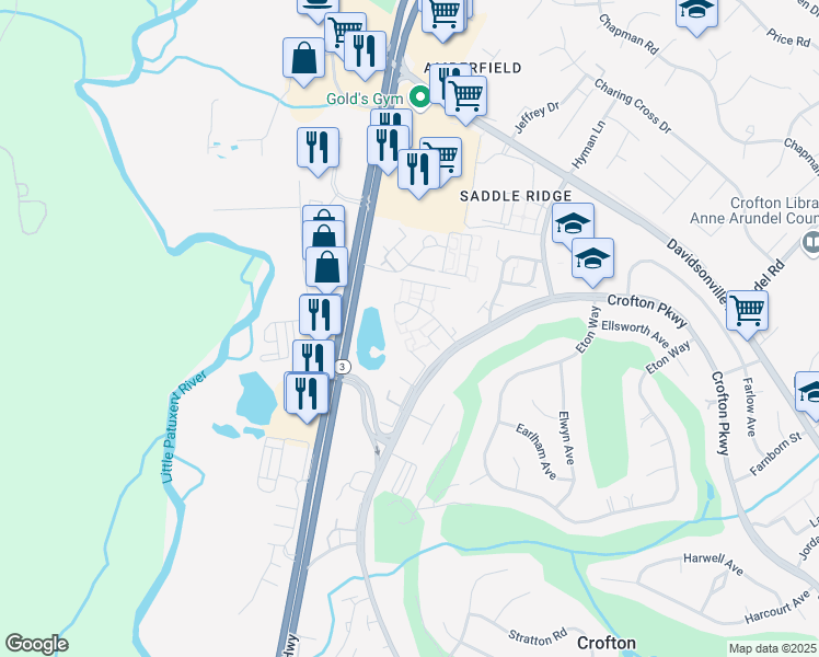map of restaurants, bars, coffee shops, grocery stores, and more near 1505 Carlyle Drive in Crofton