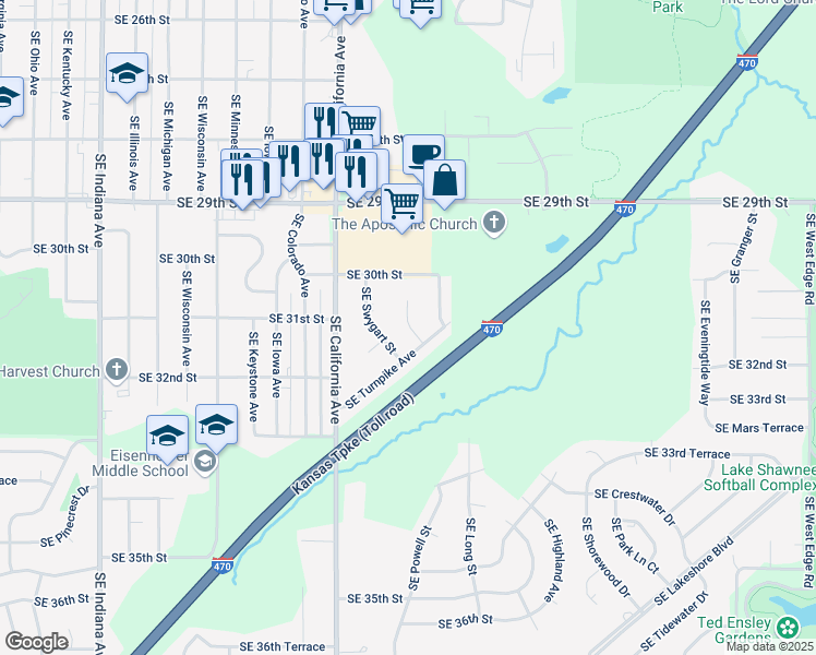 map of restaurants, bars, coffee shops, grocery stores, and more near 3021 Southeast Mareta Circle in Topeka