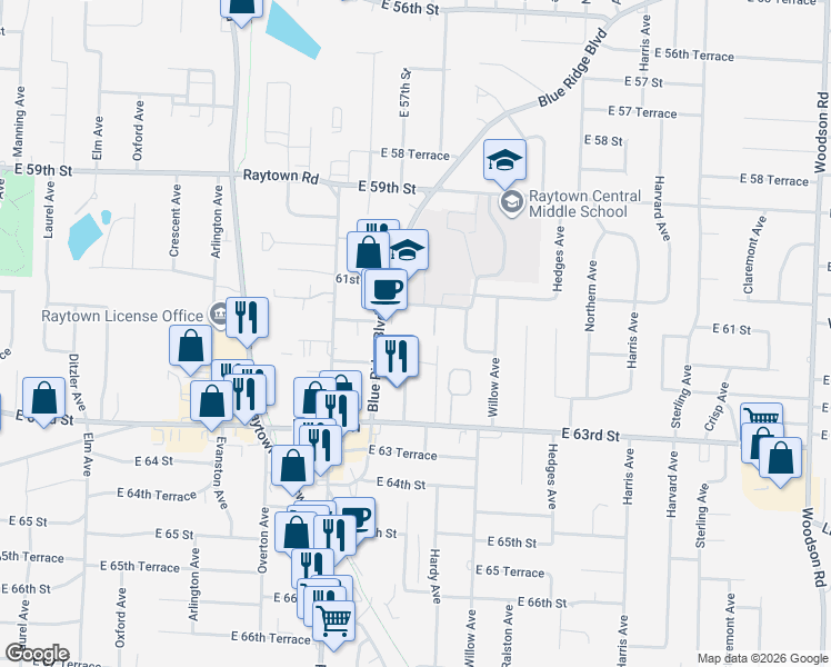 map of restaurants, bars, coffee shops, grocery stores, and more near 10331 61st Street in Raytown