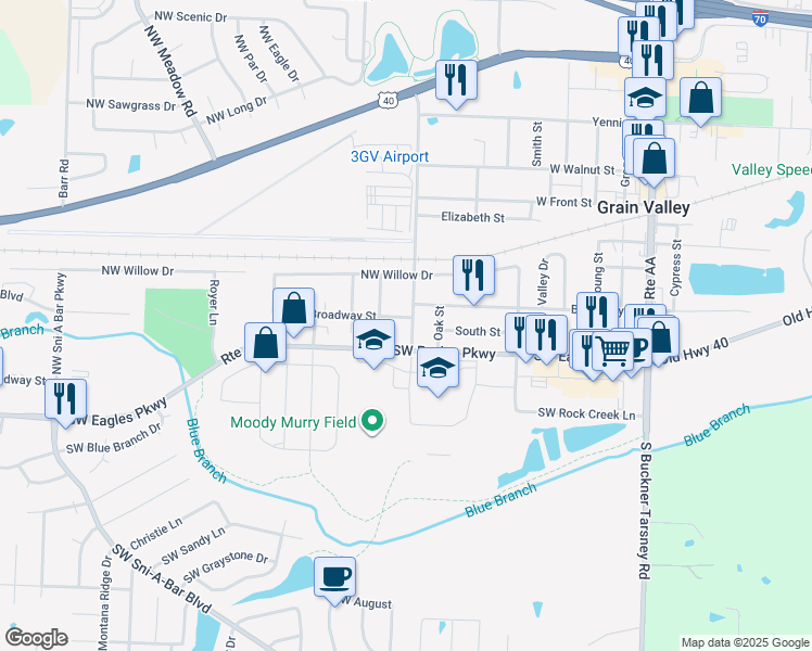 map of restaurants, bars, coffee shops, grocery stores, and more near 605 Broadway Street in Grain Valley