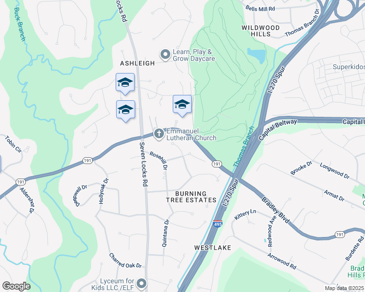 map of restaurants, bars, coffee shops, grocery stores, and more near 9505 Seddon Court in Bethesda