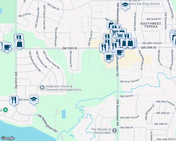 map of restaurants, bars, coffee shops, grocery stores, and more near 3033 Southwest Villa West Drive in Topeka
