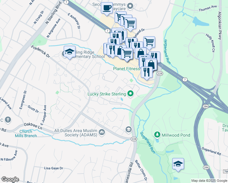 map of restaurants, bars, coffee shops, grocery stores, and more near 21833 Baldwin Square in Sterling