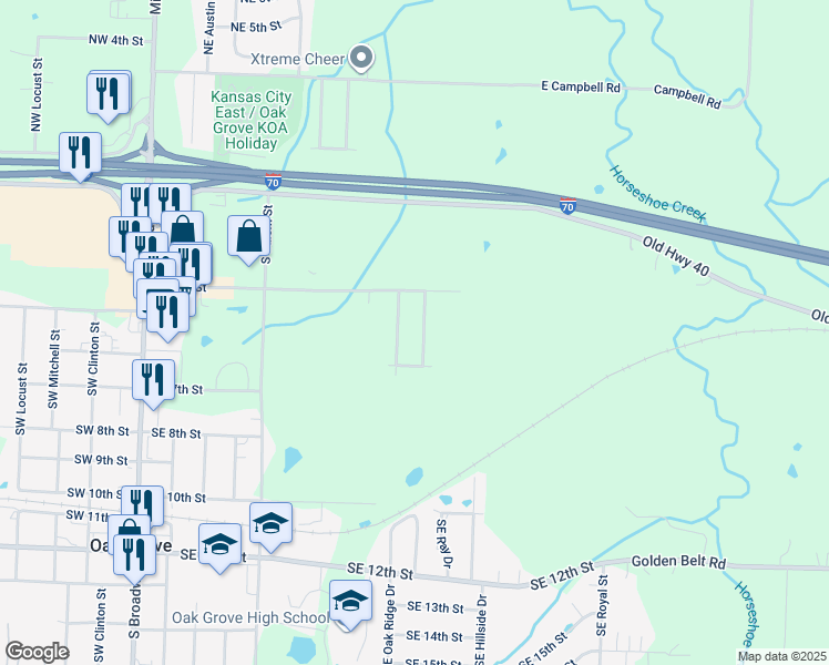 map of restaurants, bars, coffee shops, grocery stores, and more near 404a Southeast Oak Ridge Drive in Oak Grove