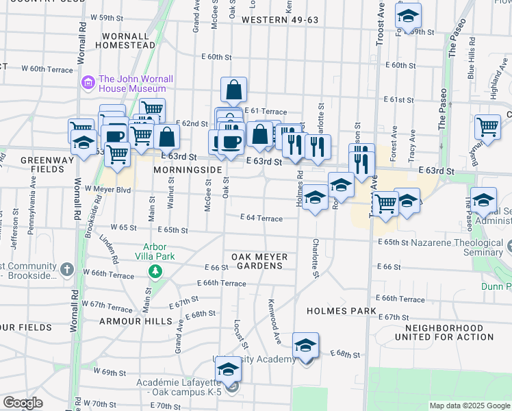 map of restaurants, bars, coffee shops, grocery stores, and more near 436 East Meyer Boulevard in Kansas City