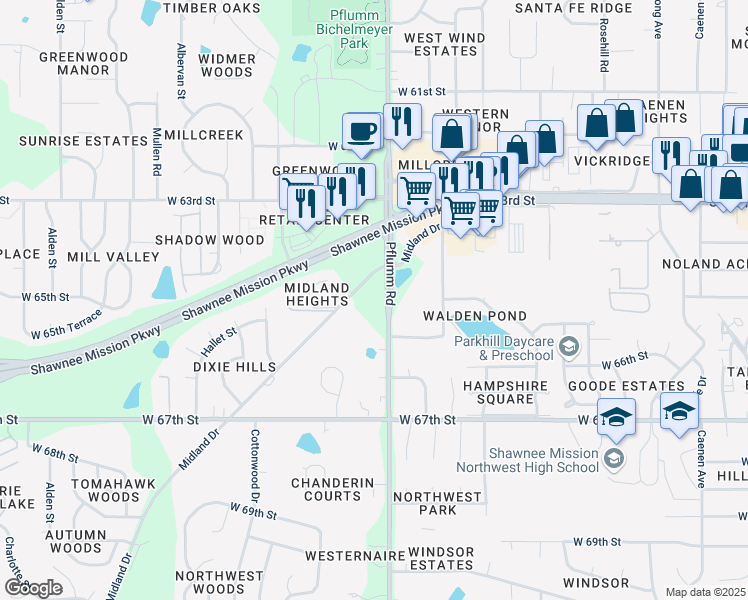 map of restaurants, bars, coffee shops, grocery stores, and more near 13529 Midland Drive in Shawnee