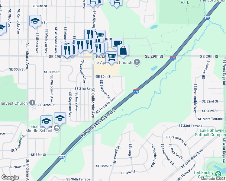 map of restaurants, bars, coffee shops, grocery stores, and more near 3021 Southeast Mareta Circle in Topeka