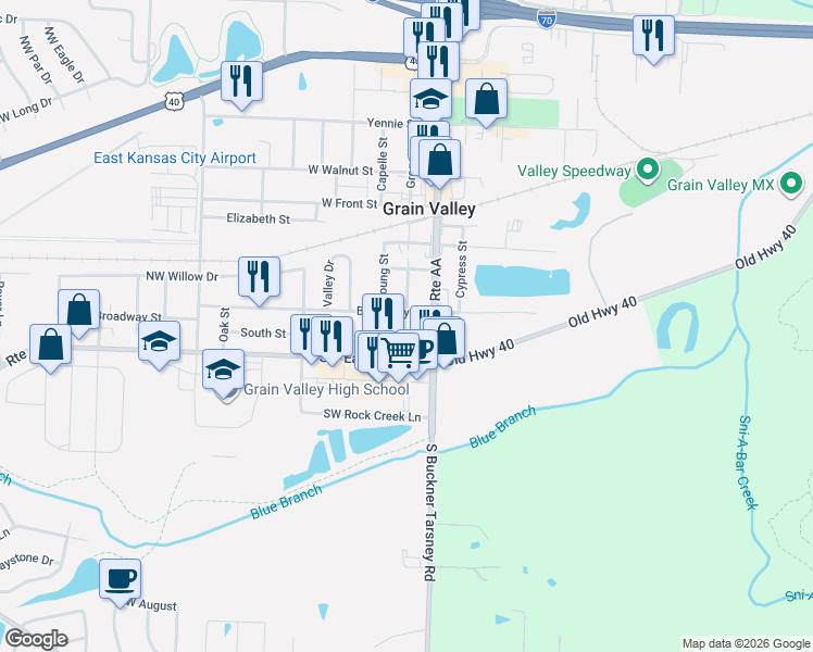 map of restaurants, bars, coffee shops, grocery stores, and more near 201 Young Street in Grain Valley