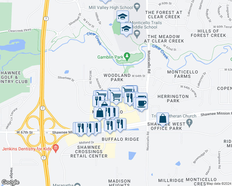 map of restaurants, bars, coffee shops, grocery stores, and more near 6449 Roundtree Street in Shawnee