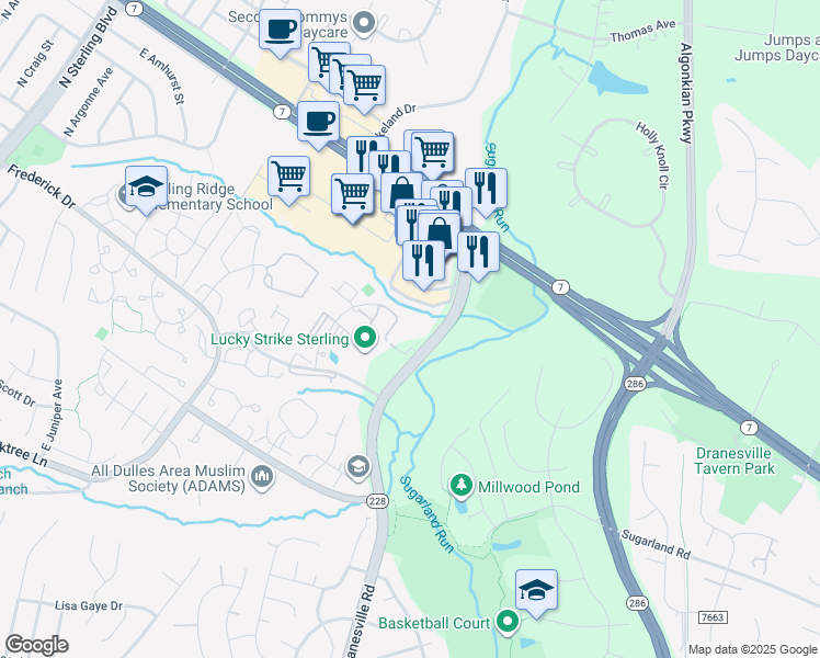 map of restaurants, bars, coffee shops, grocery stores, and more near 1100 Dranesville Road in Herndon