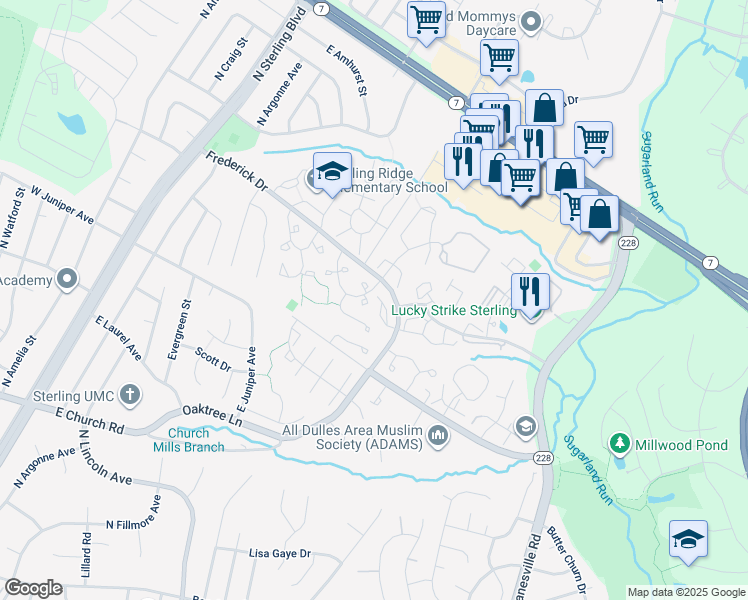 map of restaurants, bars, coffee shops, grocery stores, and more near 21826 Formosa Square in Sterling