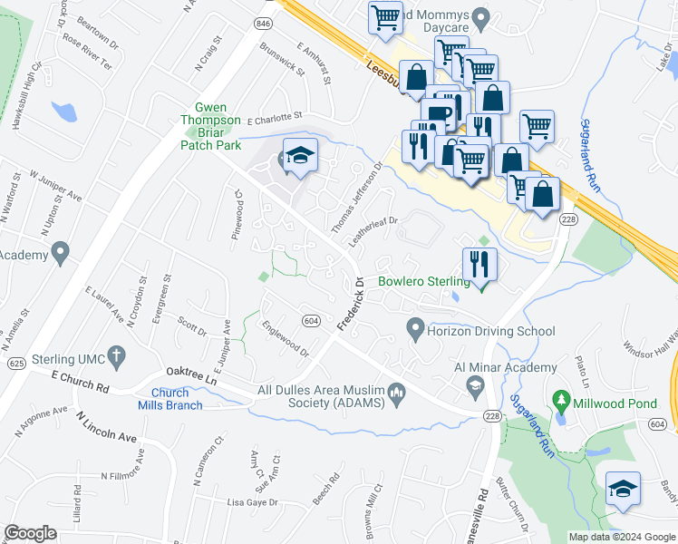 map of restaurants, bars, coffee shops, grocery stores, and more near 21826 Formosa Square in Sterling