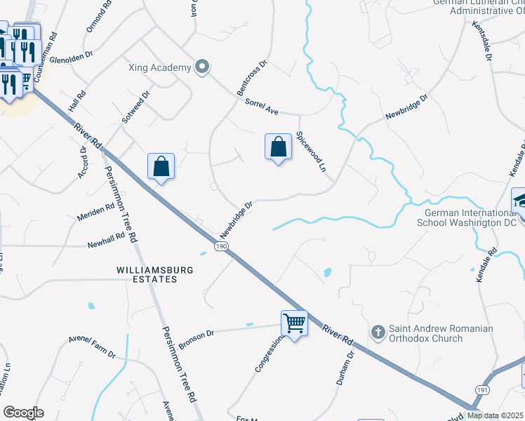 map of restaurants, bars, coffee shops, grocery stores, and more near 9431 Newbridge Drive in Potomac