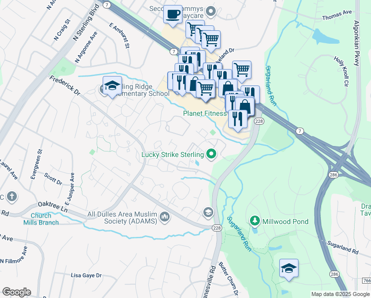 map of restaurants, bars, coffee shops, grocery stores, and more near 21823 Baldwin Square in Sterling