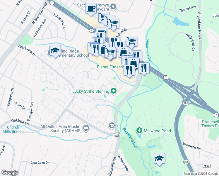 map of restaurants, bars, coffee shops, grocery stores, and more near 46934 Courtyard Square in Sterling