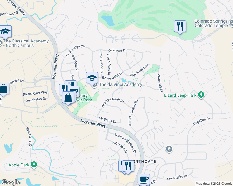 map of restaurants, bars, coffee shops, grocery stores, and more near 12372 Tenny Crags Road in Colorado Springs
