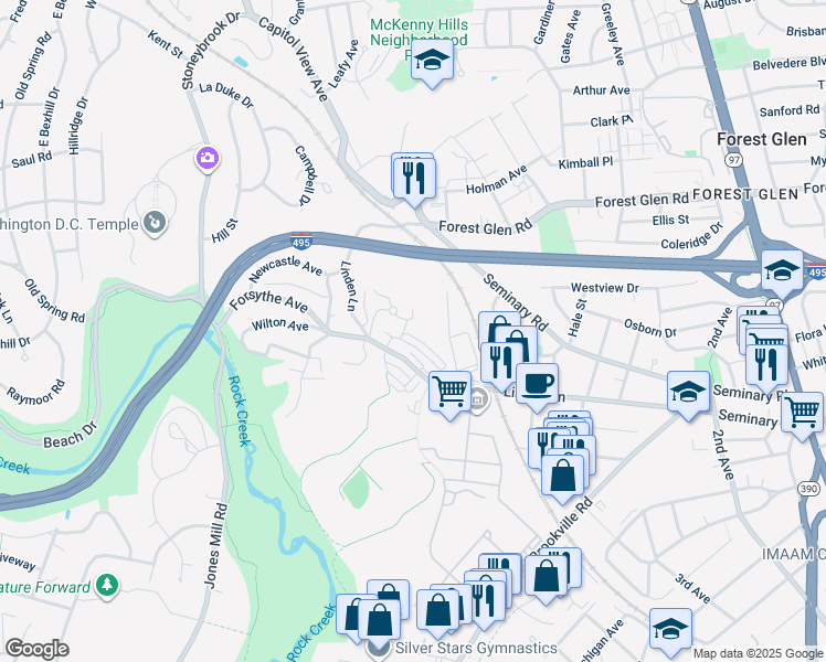 map of restaurants, bars, coffee shops, grocery stores, and more near 2701 Hume Drive in Silver Spring