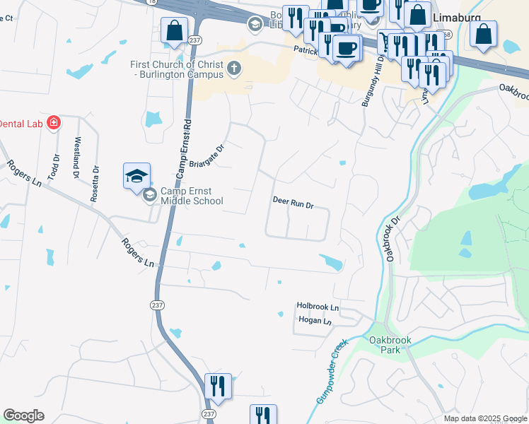 map of restaurants, bars, coffee shops, grocery stores, and more near 1606 Deer Run Drive in Burlington