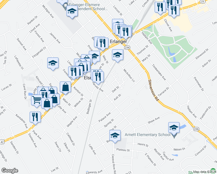 map of restaurants, bars, coffee shops, grocery stores, and more near Short Vine Street in Elsmere