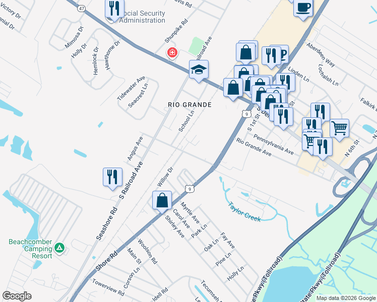 map of restaurants, bars, coffee shops, grocery stores, and more near 16 Church Road in Middle Township