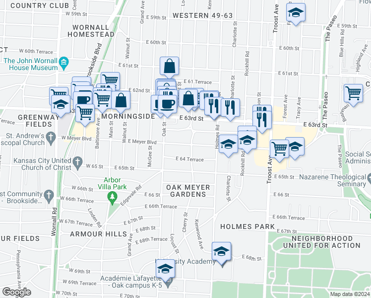 map of restaurants, bars, coffee shops, grocery stores, and more near 431 East Meyer Boulevard in Kansas City