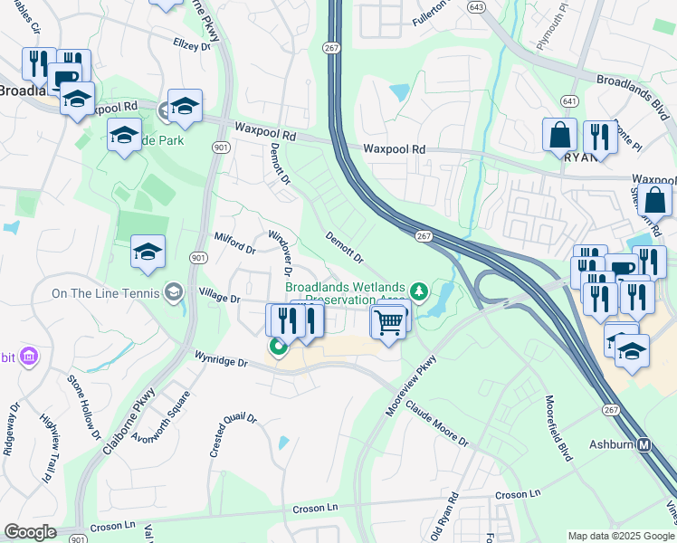 map of restaurants, bars, coffee shops, grocery stores, and more near 21878 Fieldthorn Terrace in Broadlands