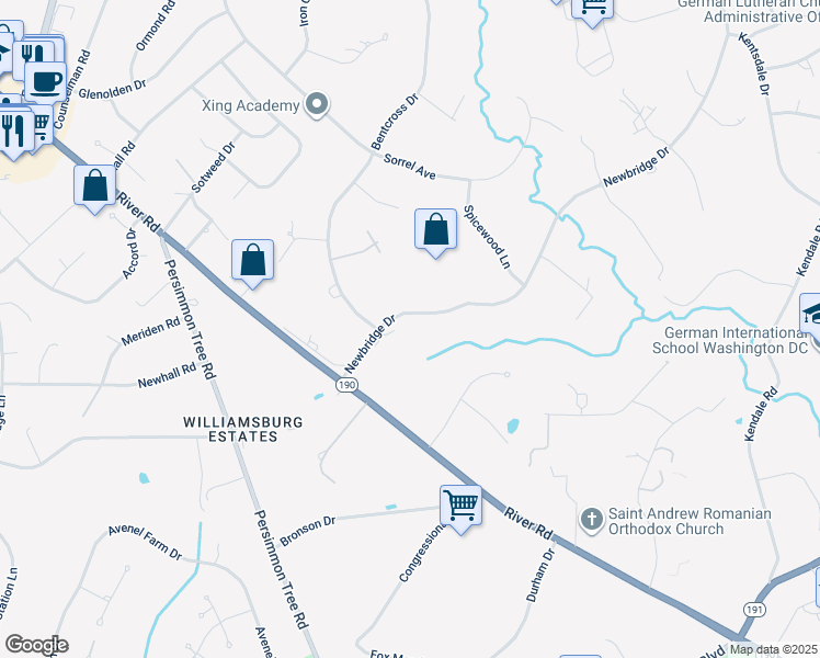 map of restaurants, bars, coffee shops, grocery stores, and more near 9431 Newbridge Drive in Potomac