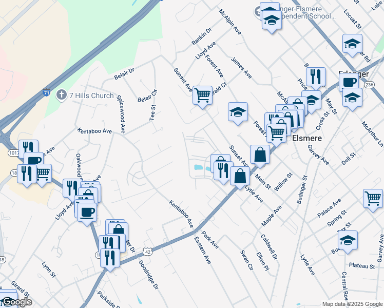 map of restaurants, bars, coffee shops, grocery stores, and more near 205 Cave Run Drive in Erlanger