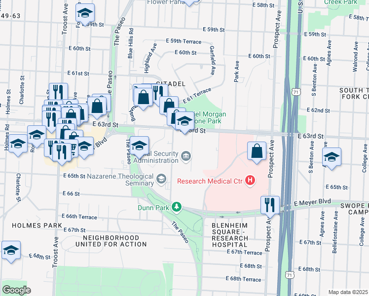 map of restaurants, bars, coffee shops, grocery stores, and more near 6316 Woodland Avenue in Kansas City