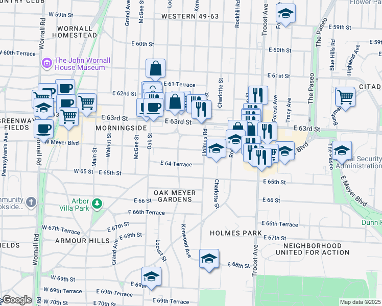 map of restaurants, bars, coffee shops, grocery stores, and more near 610 East Meyer Boulevard in Kansas City