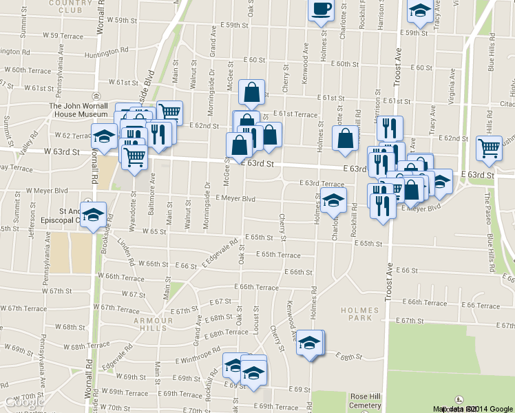 map of restaurants, bars, coffee shops, grocery stores, and more near 436 East Meyer Boulevard in Kansas City