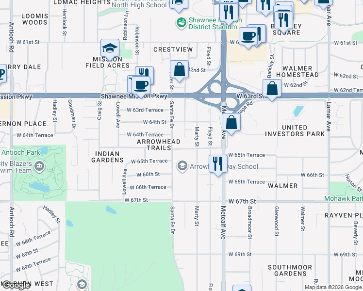 map of restaurants, bars, coffee shops, grocery stores, and more near 6431 Riley Street in Mission