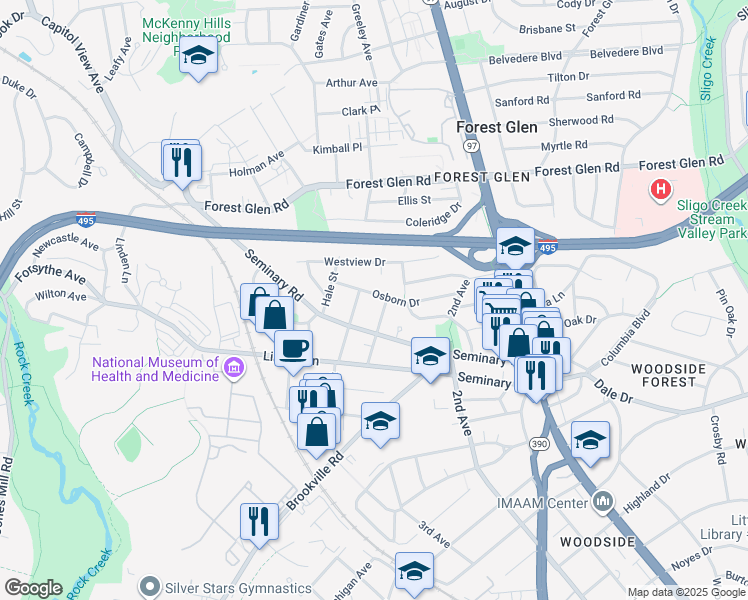 map of restaurants, bars, coffee shops, grocery stores, and more near 2208 Osborn Drive in Silver Spring